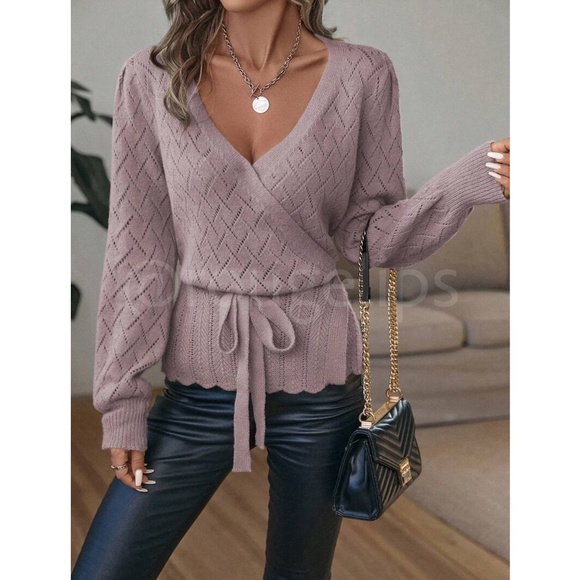 Dusty Lavender Wrap Cardigan Long Lantern Sleeve Ties - Picture 5 of 10